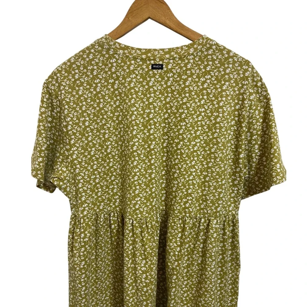 RVCA Olive Green Floral Babydoll Mini Dress Cottagecore Boho Festival Size Large - Picture 10 of 11